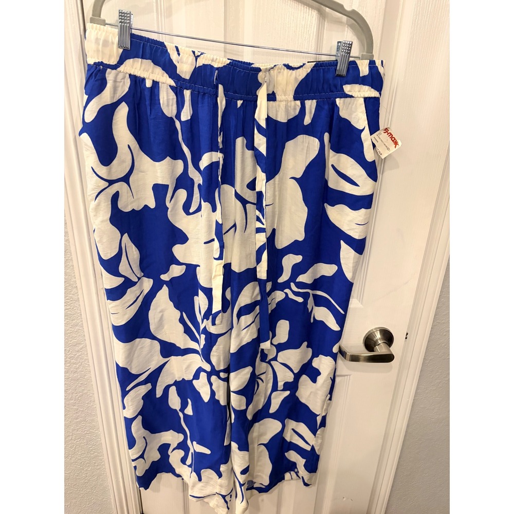 Rachel Zoe Wide Leg Crop Pants Blue White Floral Leaf Print Pull On Trousers 1X